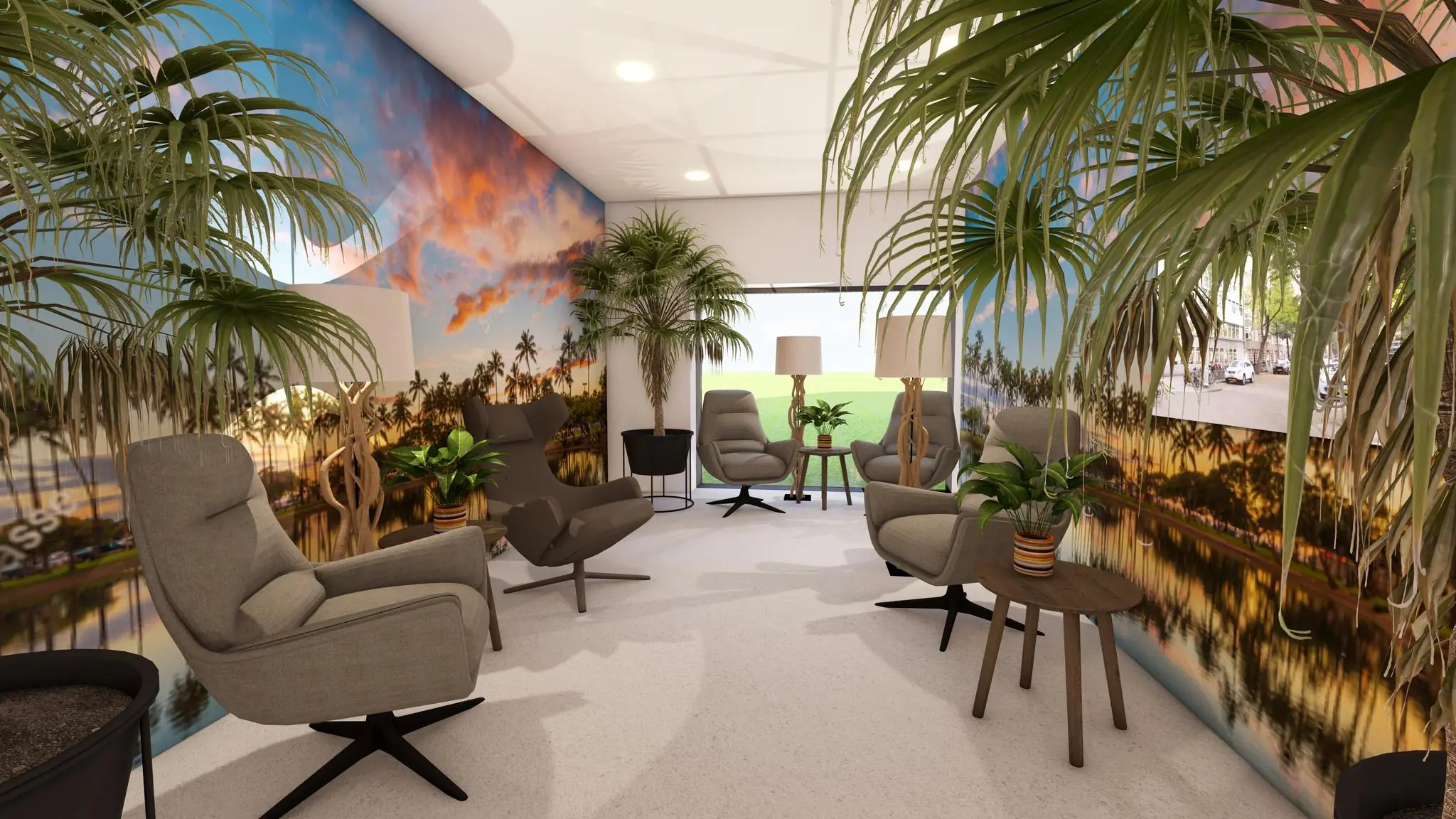 Moderne wachtruimte aan de Marten Meesweg met comfortabele stoelen, tropische planten en een wanddecoratie van een zonsondergang met palmbomen.